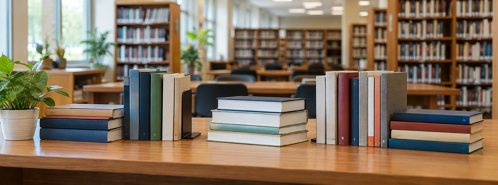 New academic books displayed on a library table