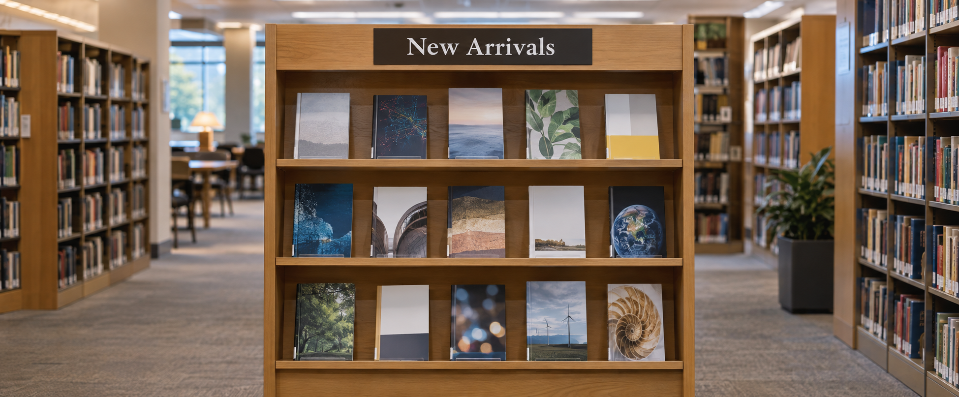 New arrivals display shelf in a college library