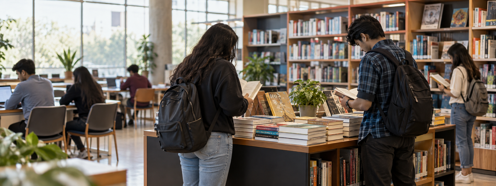Students browsing newly arrived books in the library